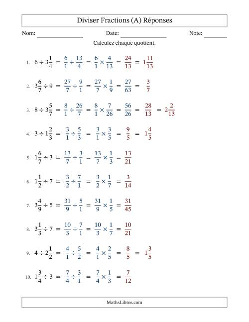 Diviser fractions mixtes con nombres éntiers, et avec simplification dans quelques problèmes (A) page 2