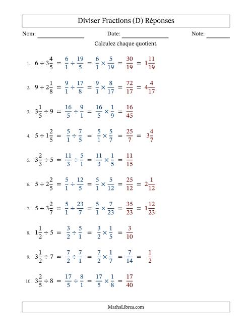 Diviser fractions mixtes con nombres éntiers, et avec simplification dans quelques problèmes (D) page 2