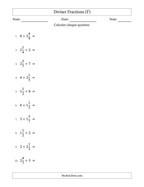Diviser fractions mixtes con nombres éntiers, et avec simplification dans quelques problèmes (F)