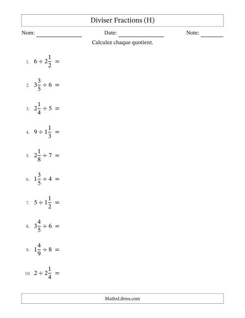 Diviser fractions mixtes con nombres éntiers, et avec simplification dans quelques problèmes (H)