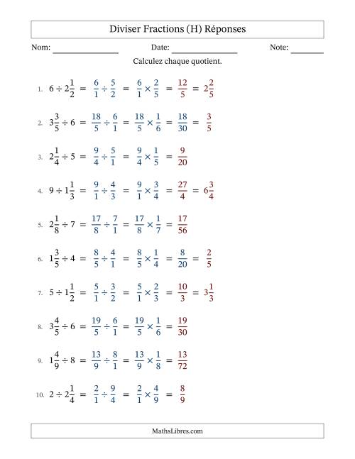 Diviser fractions mixtes con nombres éntiers, et avec simplification dans quelques problèmes (H) page 2