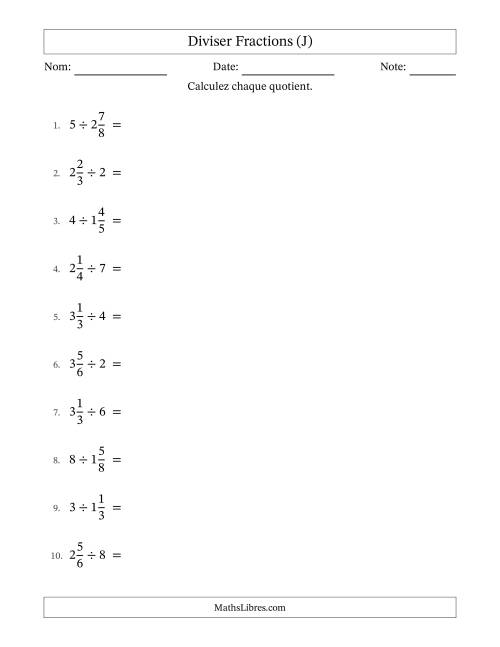 Diviser fractions mixtes con nombres éntiers, et avec simplification dans quelques problèmes (J)