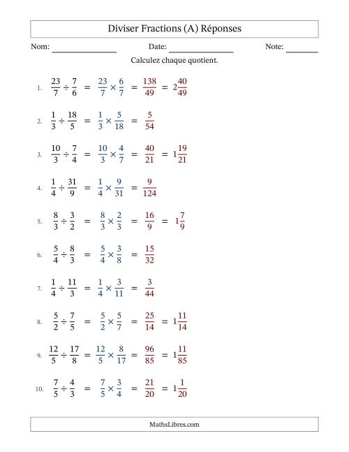 Diviser fractions propres, impropres et mixtes, et sans simplification (A) page 2