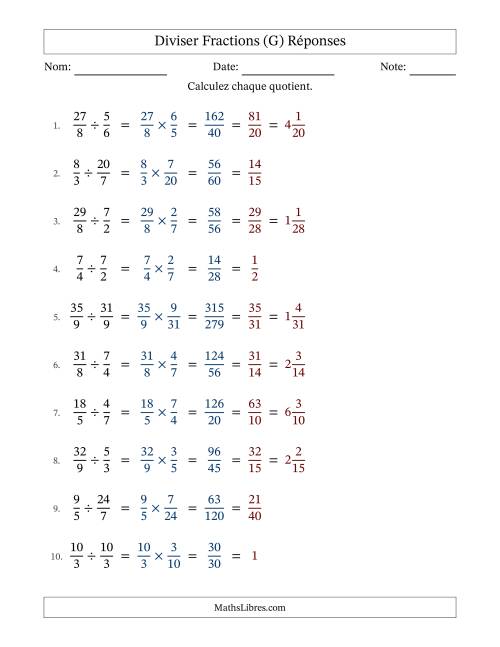 Diviser fractions propres, impropres et mixtes, et avec simplification dans tous les problèmes (G) page 2