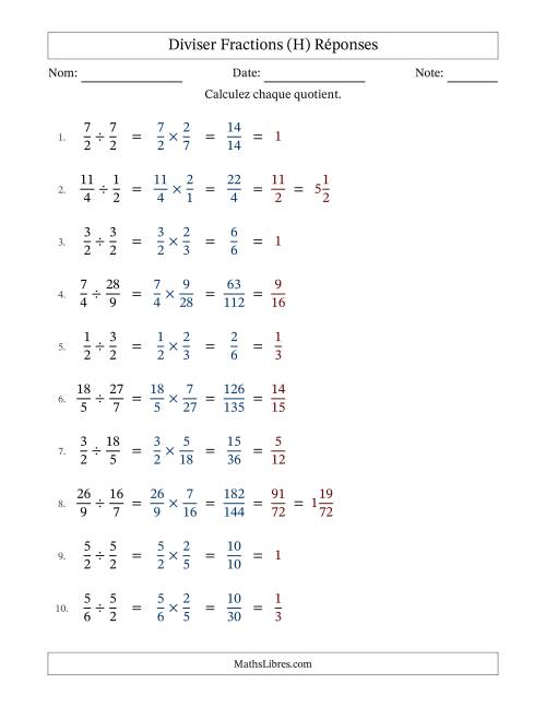 Diviser fractions propres, impropres et mixtes, et avec simplification dans tous les problèmes (H) page 2