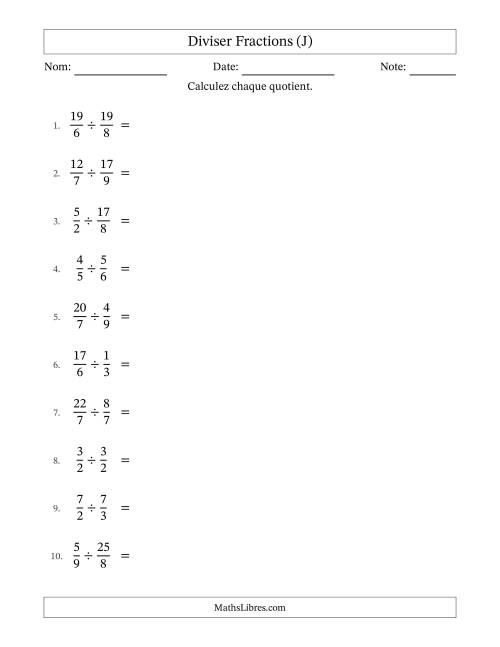 Diviser fractions propres, impropres et mixtes, et avec simplification dans quelques problèmes (J)