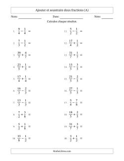 Ajouter et soustraire des fractions propres et impropres avec dénominateurs égals, résultats sous fractions mixtes et quelque simplification