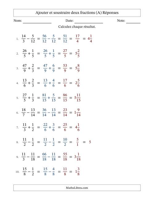 Ajouter et soustraire des fractions propres et impropres avec dénominateurs similaires, résultats sous fractions mixtes et quelque simplification (A) page 2