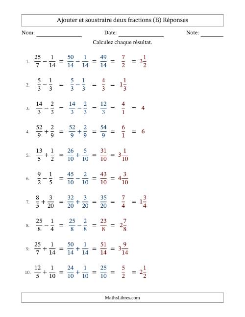 Ajouter et soustraire des fractions propres et impropres avec dénominateurs similaires, résultats sous fractions mixtes et quelque simplification (B) page 2