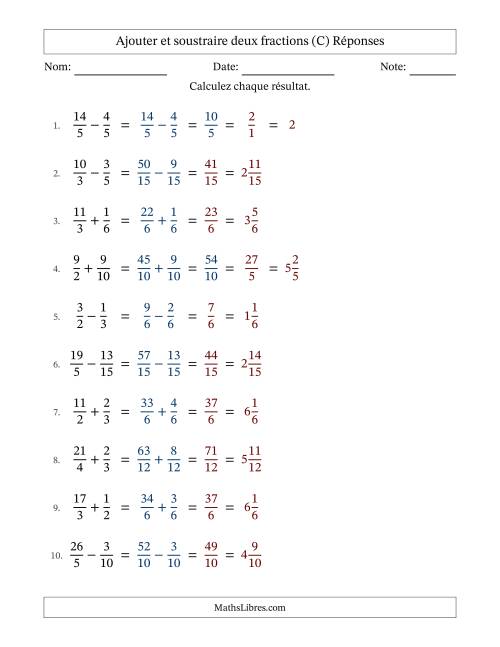 Ajouter et soustraire des fractions propres et impropres avec dénominateurs similaires, résultats sous fractions mixtes et quelque simplification (C) page 2