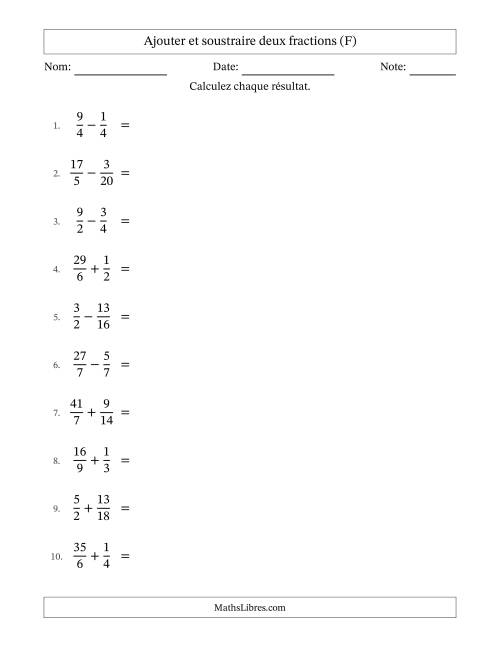Ajouter et soustraire des fractions propres et impropres avec dénominateurs similaires, résultats sous fractions mixtes et quelque simplification (F)