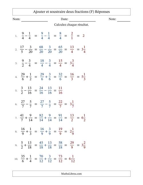 Ajouter et soustraire des fractions propres et impropres avec dénominateurs similaires, résultats sous fractions mixtes et quelque simplification (F) page 2
