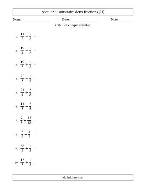 Ajouter et soustraire des fractions propres et impropres avec dénominateurs similaires, résultats sous fractions mixtes et quelque simplification (H)