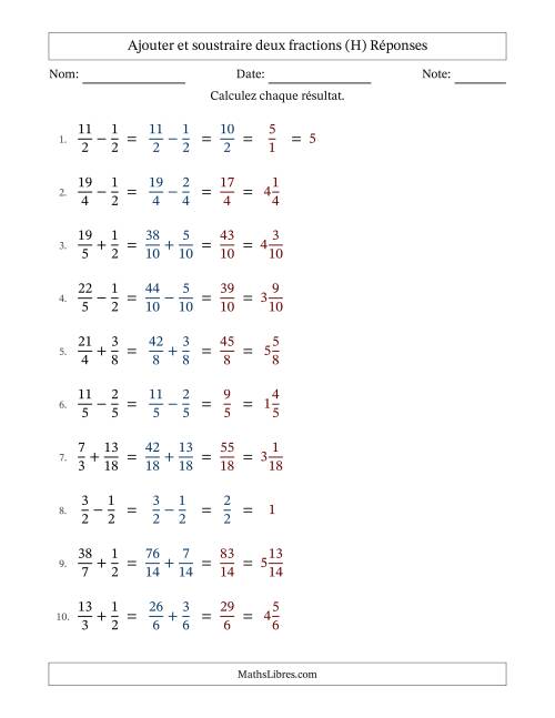 Ajouter et soustraire des fractions propres et impropres avec dénominateurs similaires, résultats sous fractions mixtes et quelque simplification (H) page 2