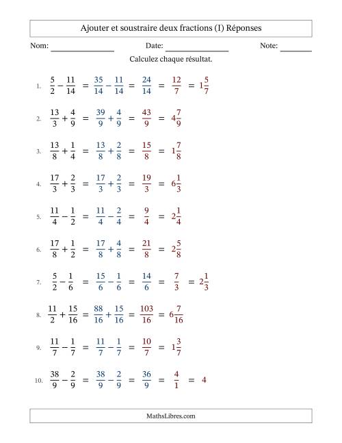 Ajouter et soustraire des fractions propres et impropres avec dénominateurs similaires, résultats sous fractions mixtes et quelque simplification (I) page 2