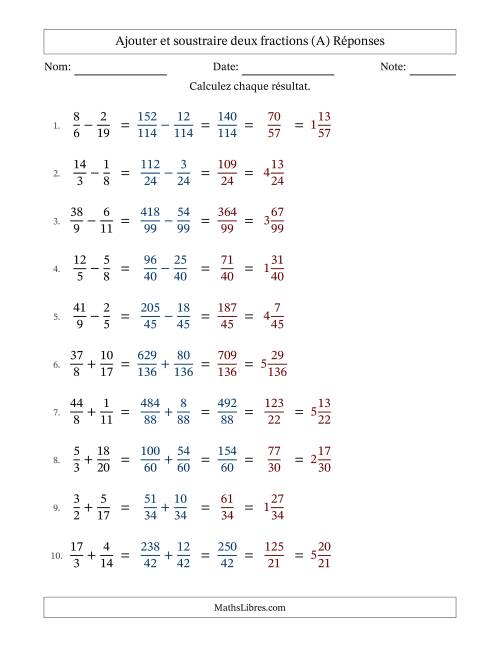 Ajouter et soustraire des fractions propres et impropres avec dénominateurs différents, résultats sous fractions mixtes et quelque simplification (A) page 2