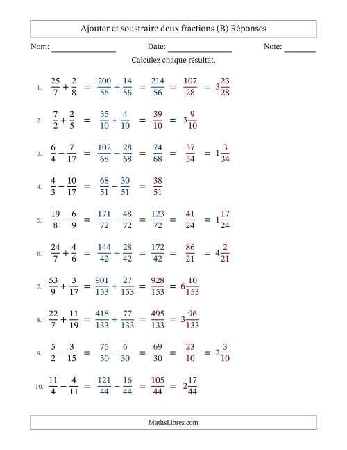Ajouter et soustraire des fractions propres et impropres avec dénominateurs différents, résultats sous fractions mixtes et quelque simplification (B) page 2