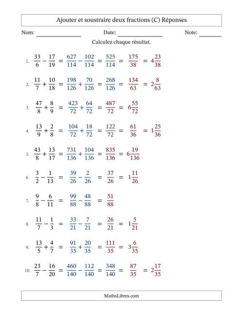 Ajouter et soustraire des fractions propres et impropres avec dénominateurs différents, résultats sous fractions mixtes et quelque simplification (C) page 2