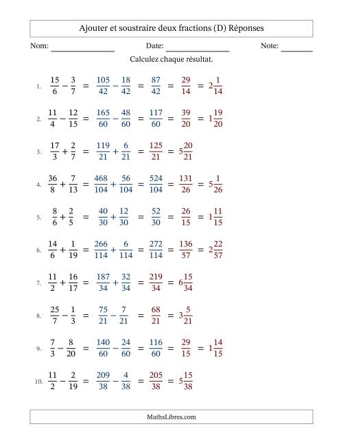 Ajouter et soustraire des fractions propres et impropres avec dénominateurs différents, résultats sous fractions mixtes et quelque simplification (D) page 2