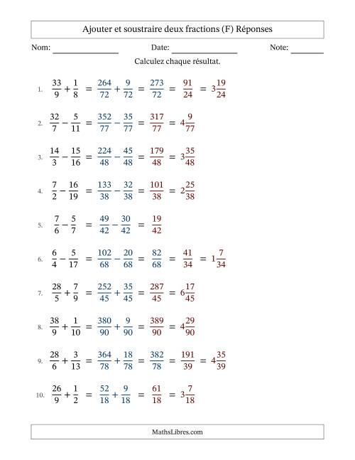 Ajouter et soustraire des fractions propres et impropres avec dénominateurs différents, résultats sous fractions mixtes et quelque simplification (F) page 2