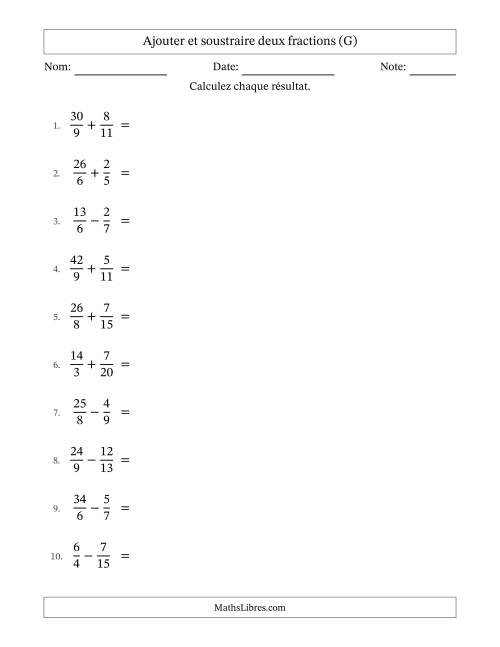Ajouter et soustraire des fractions propres et impropres avec dénominateurs différents, résultats sous fractions mixtes et quelque simplification (G)