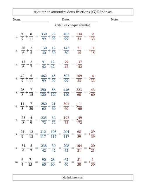 Ajouter et soustraire des fractions propres et impropres avec dénominateurs différents, résultats sous fractions mixtes et quelque simplification (G) page 2