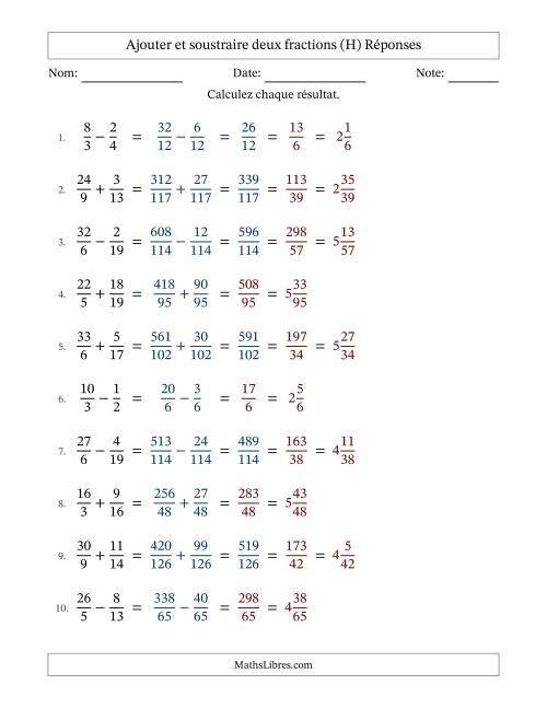 Ajouter et soustraire des fractions propres et impropres avec dénominateurs différents, résultats sous fractions mixtes et quelque simplification (H) page 2