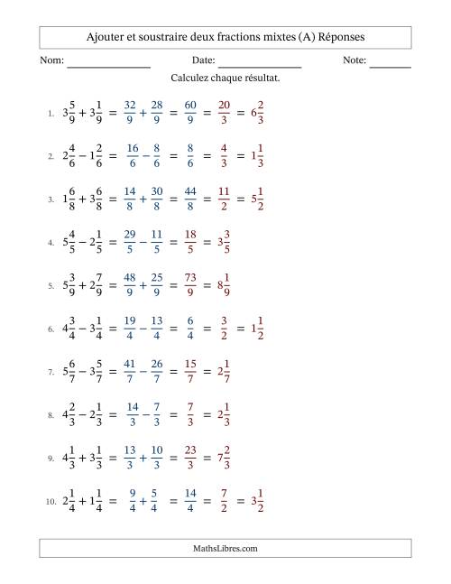 Ajouter et soustraire deux fractions mixtes avec dénominateurs égals, résultats sous fractions mixtes et quelque simplification (A) page 2
