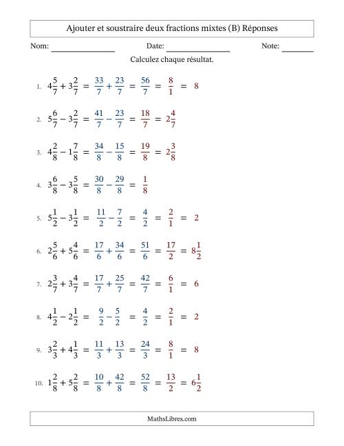 Ajouter et soustraire deux fractions mixtes avec dénominateurs égals, résultats sous fractions mixtes et quelque simplification (B) page 2