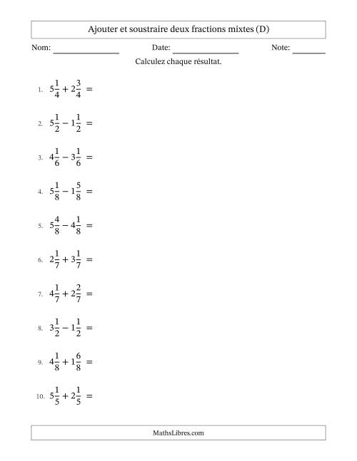 Ajouter et soustraire deux fractions mixtes avec dénominateurs égals, résultats sous fractions mixtes et quelque simplification (D)
