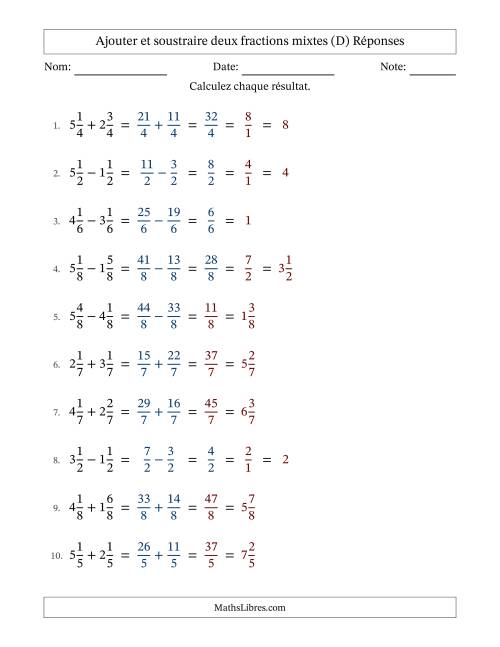 Ajouter et soustraire deux fractions mixtes avec dénominateurs égals, résultats sous fractions mixtes et quelque simplification (D) page 2