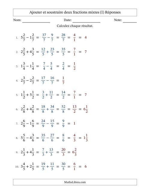 Ajouter et soustraire deux fractions mixtes avec dénominateurs égals, résultats sous fractions mixtes et quelque simplification (I) page 2