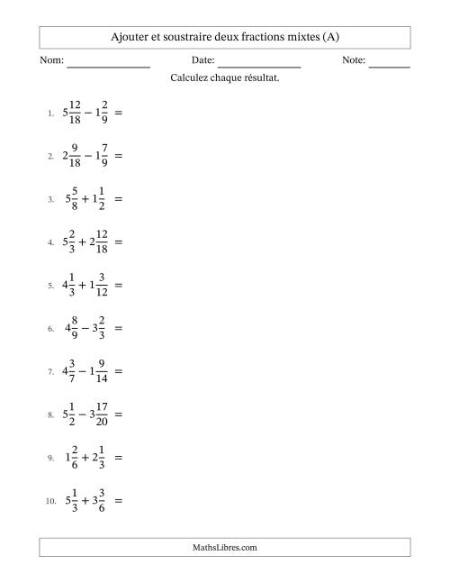 Ajouter et soustraire deux fractions mixtes avec dénominateurs similaires, résultats sous fractions mixtes et quelque simplification (A)