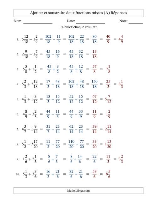 Ajouter et soustraire deux fractions mixtes avec dénominateurs similaires, résultats sous fractions mixtes et quelque simplification (A) page 2