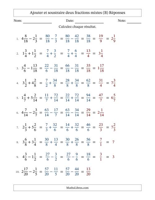 Ajouter et soustraire deux fractions mixtes avec dénominateurs similaires, résultats sous fractions mixtes et quelque simplification (B) page 2