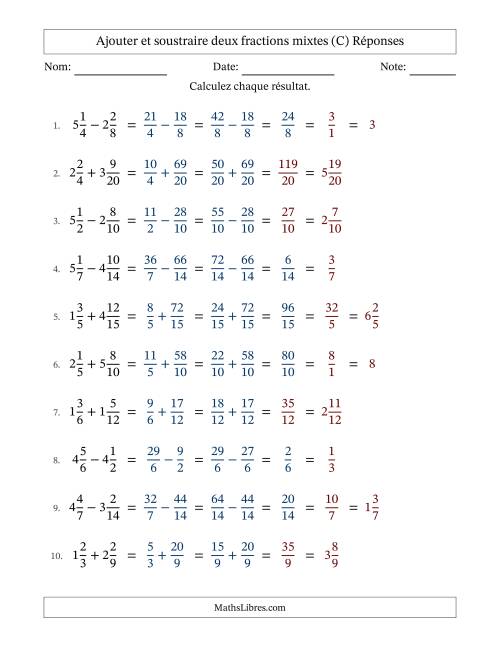 Ajouter et soustraire deux fractions mixtes avec dénominateurs similaires, résultats sous fractions mixtes et quelque simplification (C) page 2