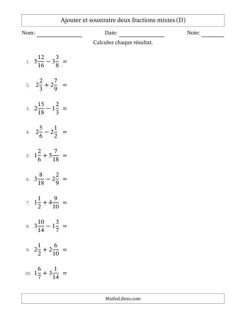 Ajouter et soustraire deux fractions mixtes avec dénominateurs similaires, résultats sous fractions mixtes et quelque simplification (D)