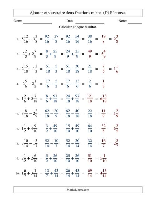 Ajouter et soustraire deux fractions mixtes avec dénominateurs similaires, résultats sous fractions mixtes et quelque simplification (D) page 2