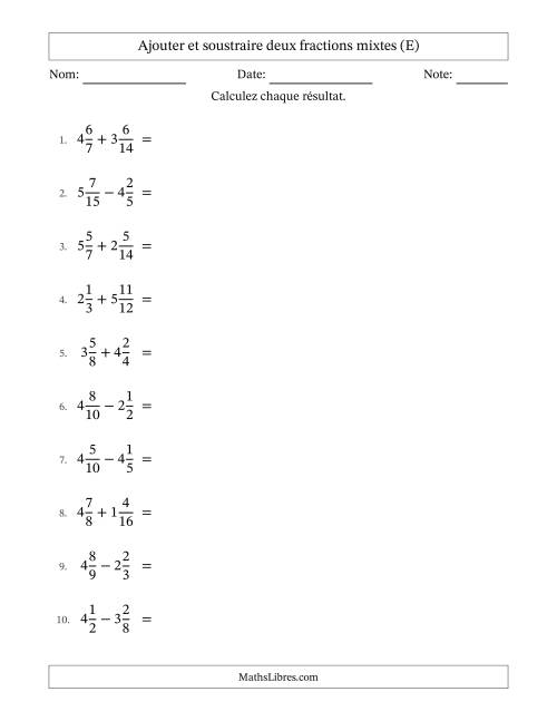 Ajouter et soustraire deux fractions mixtes avec dénominateurs similaires, résultats sous fractions mixtes et quelque simplification (E)