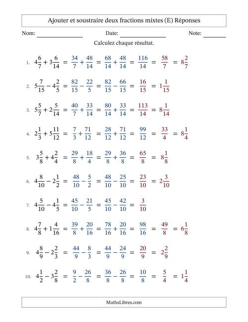 Ajouter et soustraire deux fractions mixtes avec dénominateurs similaires, résultats sous fractions mixtes et quelque simplification (E) page 2