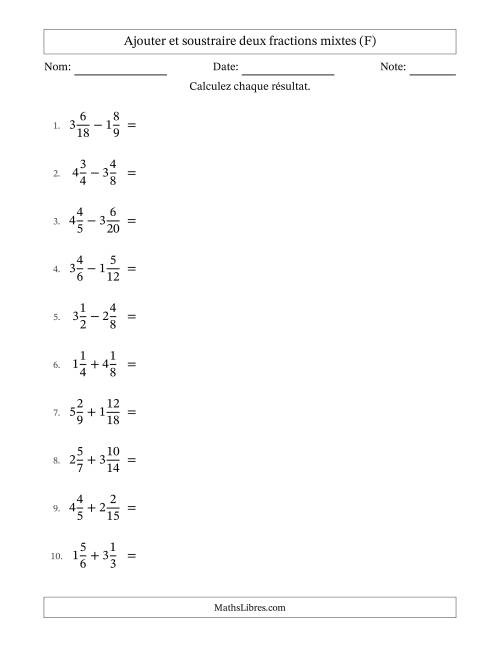 Ajouter et soustraire deux fractions mixtes avec dénominateurs similaires, résultats sous fractions mixtes et quelque simplification (F)