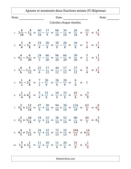Ajouter et soustraire deux fractions mixtes avec dénominateurs similaires, résultats sous fractions mixtes et quelque simplification (F) page 2