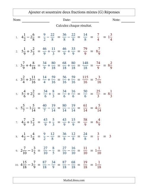 Ajouter et soustraire deux fractions mixtes avec dénominateurs similaires, résultats sous fractions mixtes et quelque simplification (G) page 2