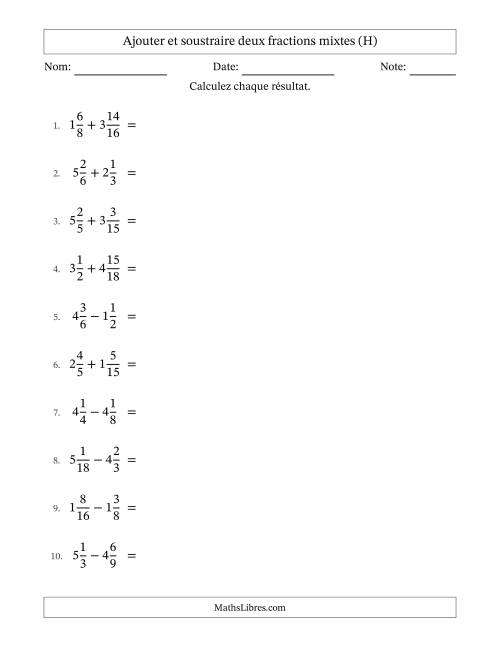 Ajouter et soustraire deux fractions mixtes avec dénominateurs similaires, résultats sous fractions mixtes et quelque simplification (H)