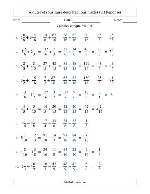 Ajouter et soustraire deux fractions mixtes avec dénominateurs similaires, résultats sous fractions mixtes et quelque simplification (H) page 2