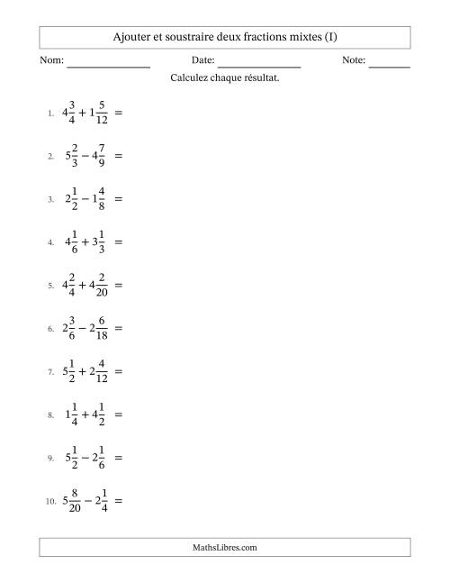Ajouter et soustraire deux fractions mixtes avec dénominateurs similaires, résultats sous fractions mixtes et quelque simplification (I)