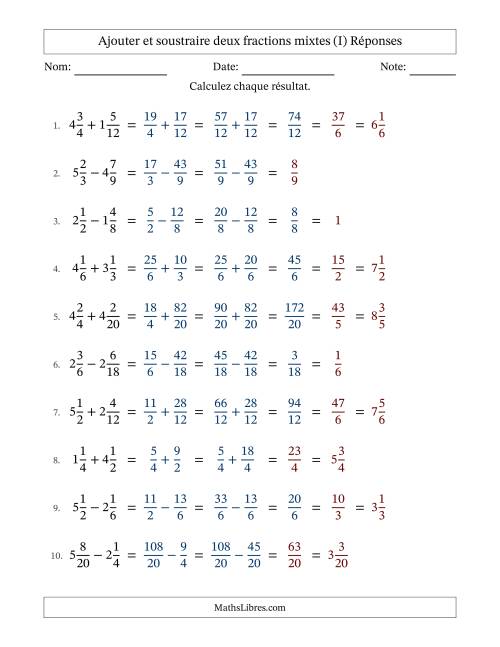 Ajouter et soustraire deux fractions mixtes avec dénominateurs similaires, résultats sous fractions mixtes et quelque simplification (I) page 2