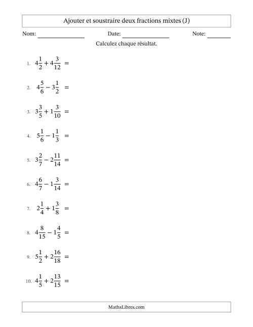Ajouter et soustraire deux fractions mixtes avec dénominateurs similaires, résultats sous fractions mixtes et quelque simplification (J)