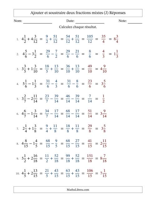 Ajouter et soustraire deux fractions mixtes avec dénominateurs similaires, résultats sous fractions mixtes et quelque simplification (J) page 2