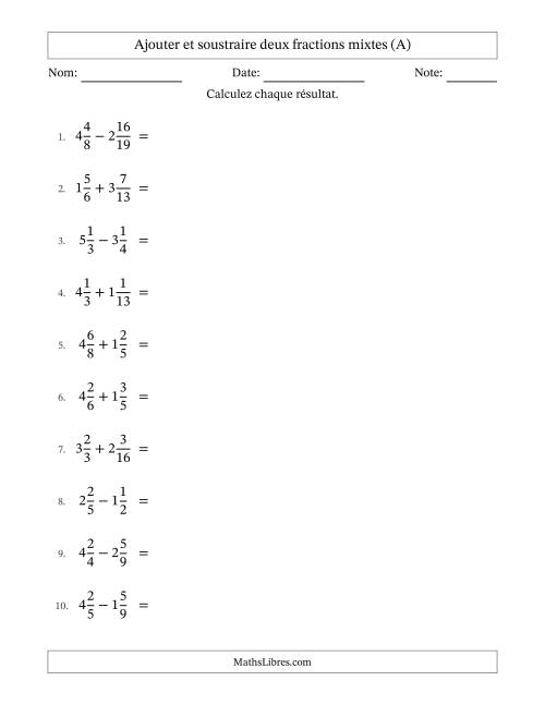 Ajouter et soustraire deux fractions mixtes avec dénominateurs différents, résultats sous fractions mixtes et quelque simplification (A)